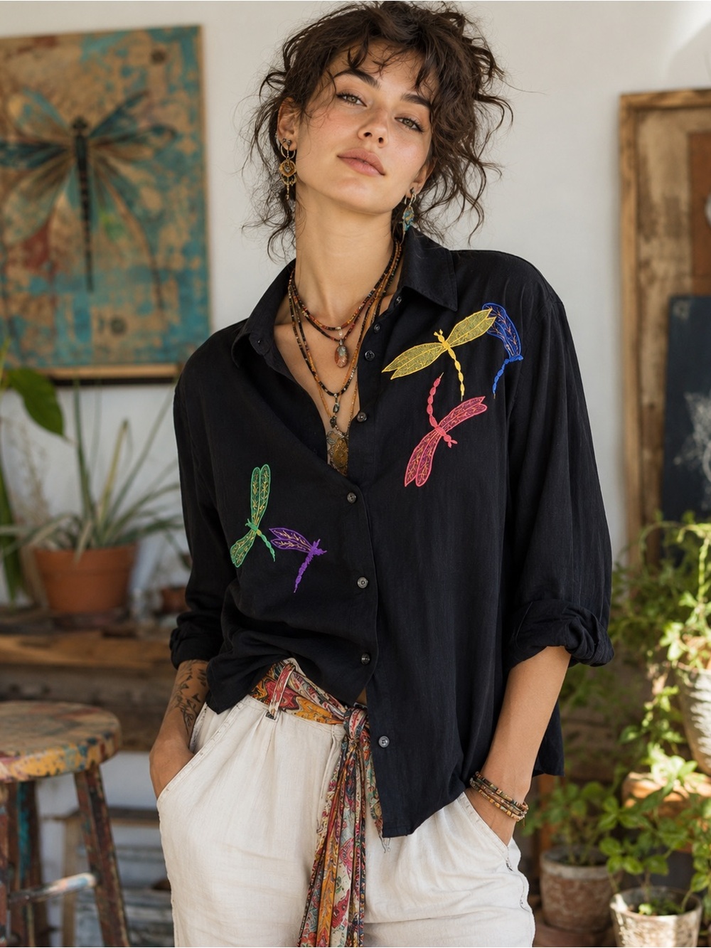 Vintage Dragonfly Embroidered Button Up Shirt Artsy Y2K Black L